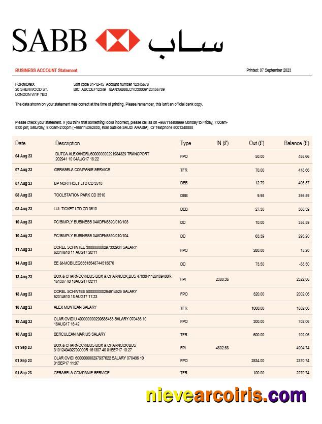 SABB Bank company statement